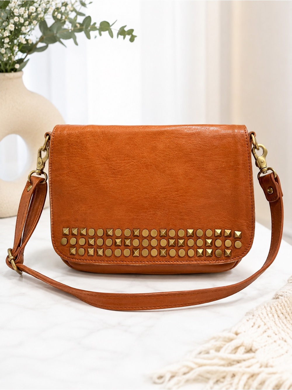 Tory Burch Vintage Studded Leather Crossbody Bag Cognac